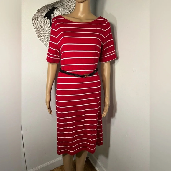 Lauren Ralph Lauren, L,  red and white striped cuffed short sleeve midi/belt - Picture 1 of 11
